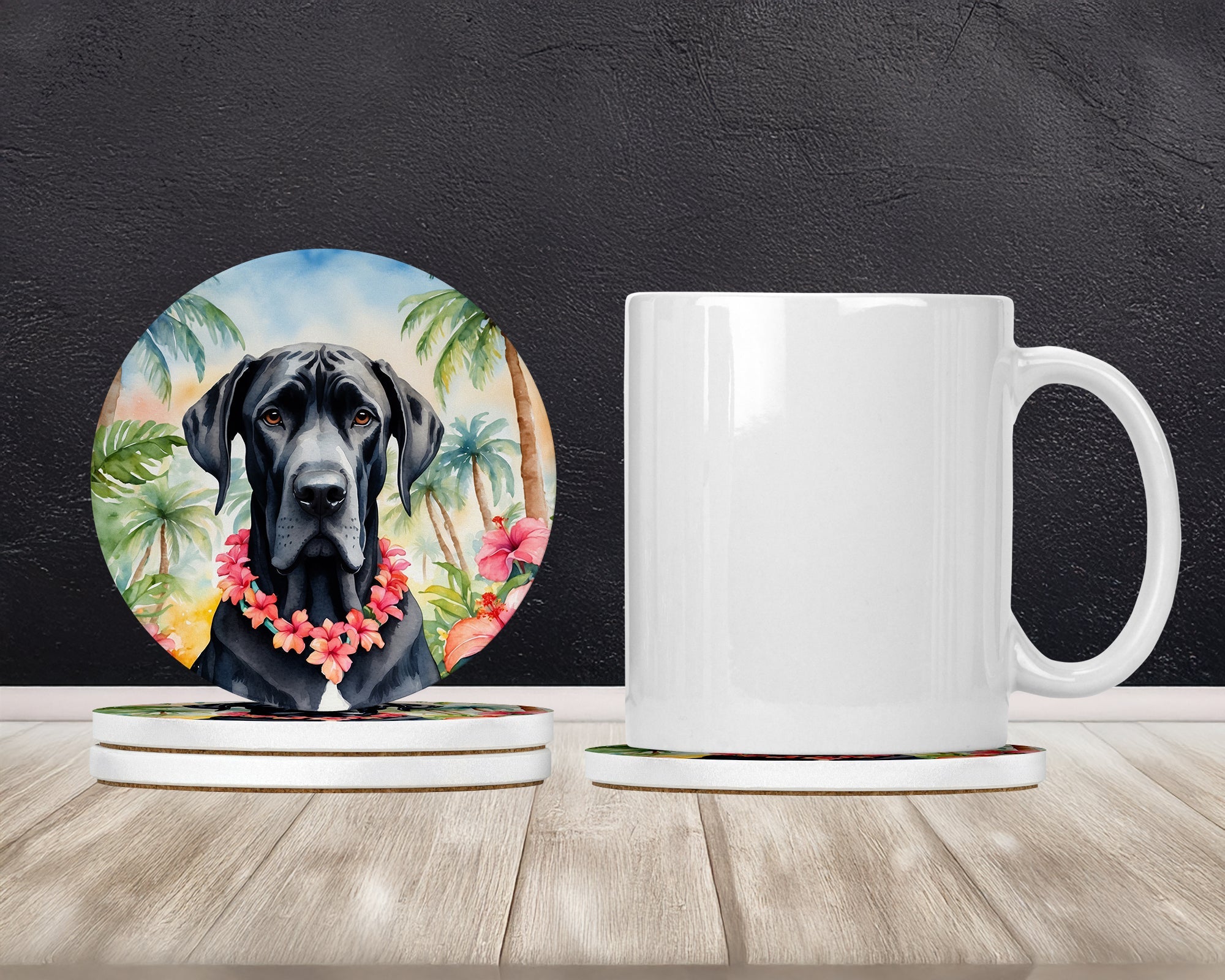 Great Dane Luau Large Sandstone Coasters Pack of 4 Absorbent Round Coasters Decor Gifts for Men or Women, 4 in, Multicolor
