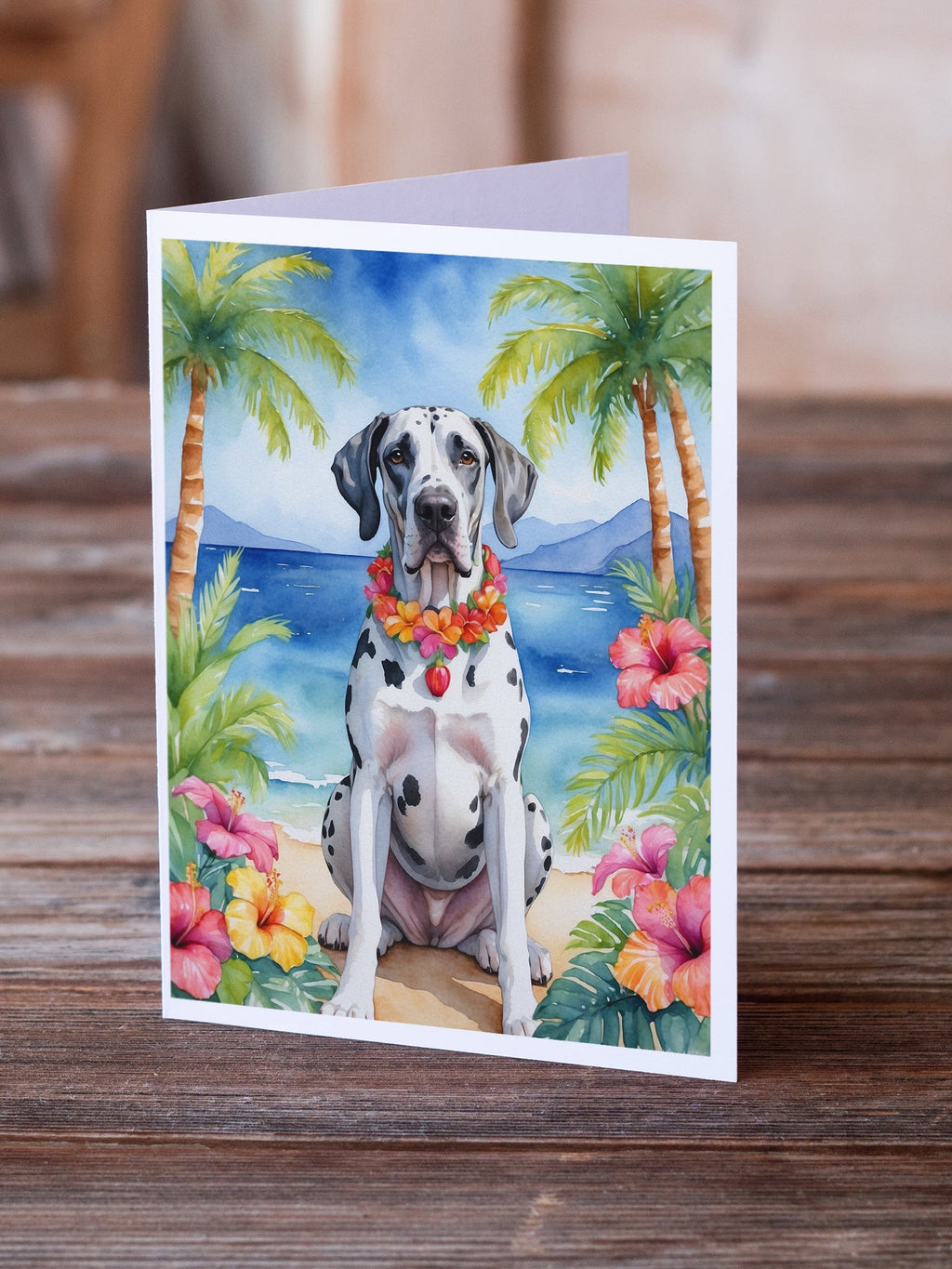 Great Dane Luau Greeting Cards Pack of 8 Blank Cards with Envelopes Whimsical A7 Size 5x7
