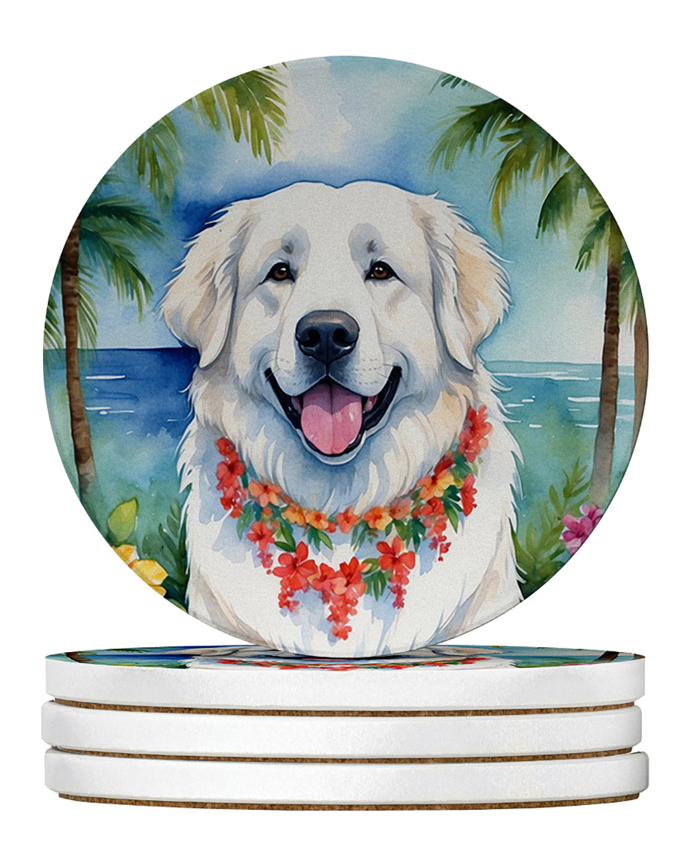 Great Pyrenees Luau Large Sandstone Coasters Pack of 4 Absorbent Round Coasters Decor Gifts for Men or Women, 4 in, Multicolor
