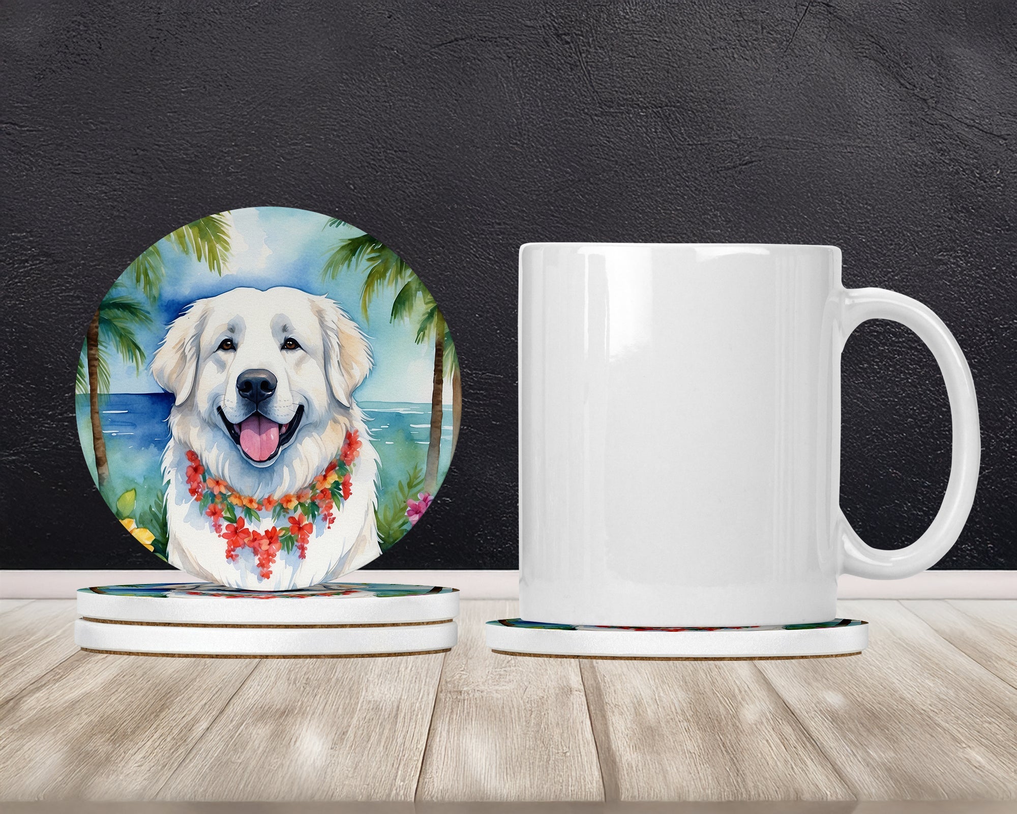 Great Pyrenees Luau Large Sandstone Coasters Pack of 4 Absorbent Round Coasters Decor Gifts for Men or Women, 4 in, Multicolor