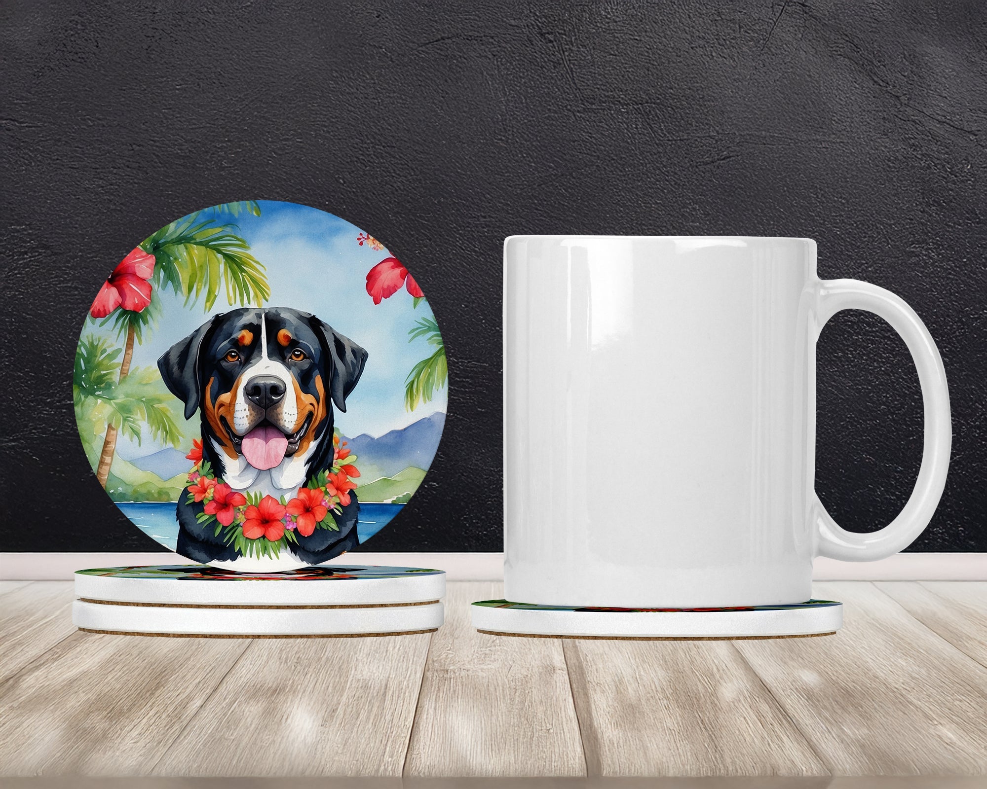 Greater Swiss Mountain Dog Luau Large Sandstone Coasters Pack of 4 Absorbent Round Coasters Decor Gifts for Men or Women, 4 in, Multicolor