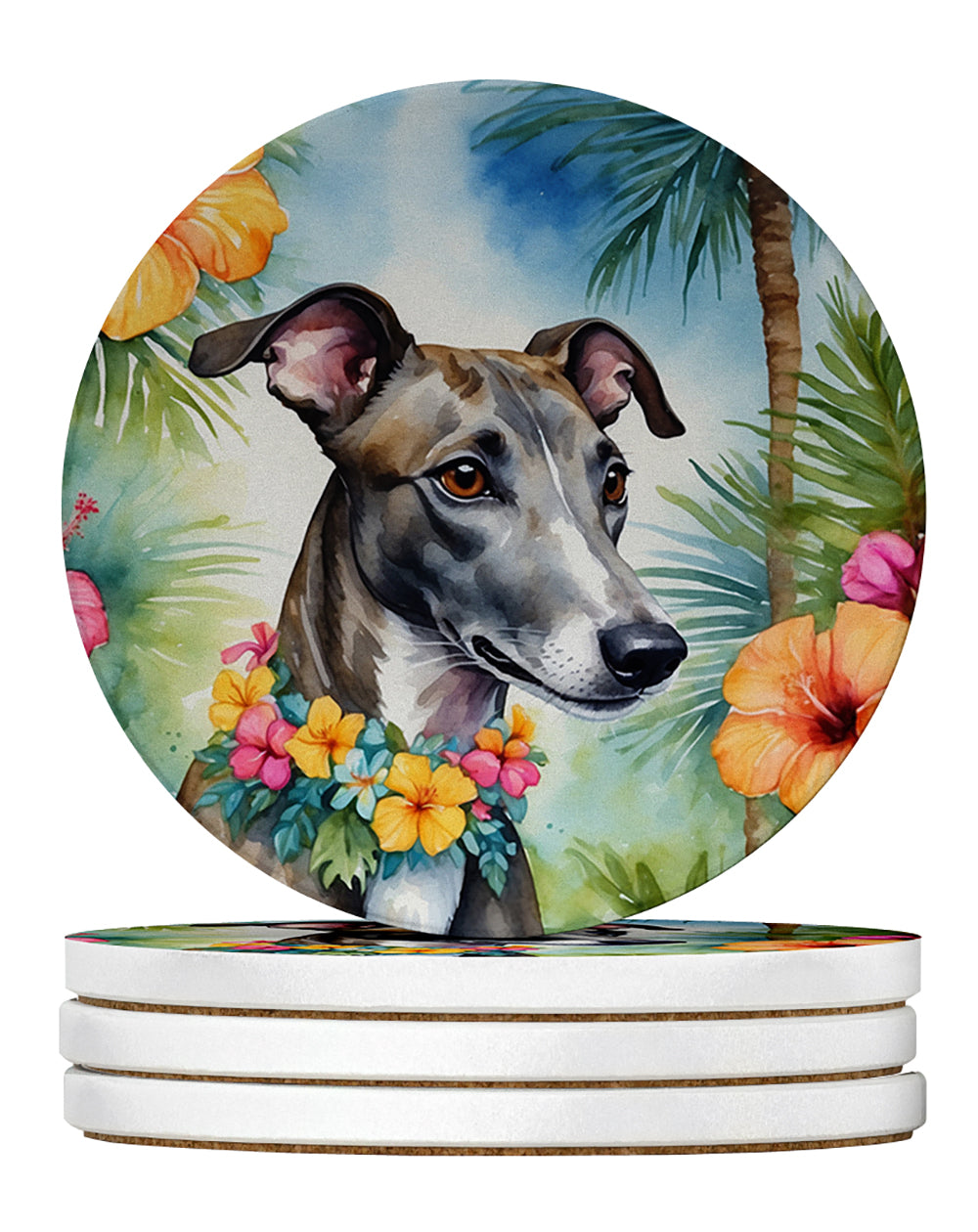 Greyhound Luau Large Sandstone Coasters Pack of 4 Absorbent Round Coasters Decor Gifts for Men or Women, 4 in, Multicolor