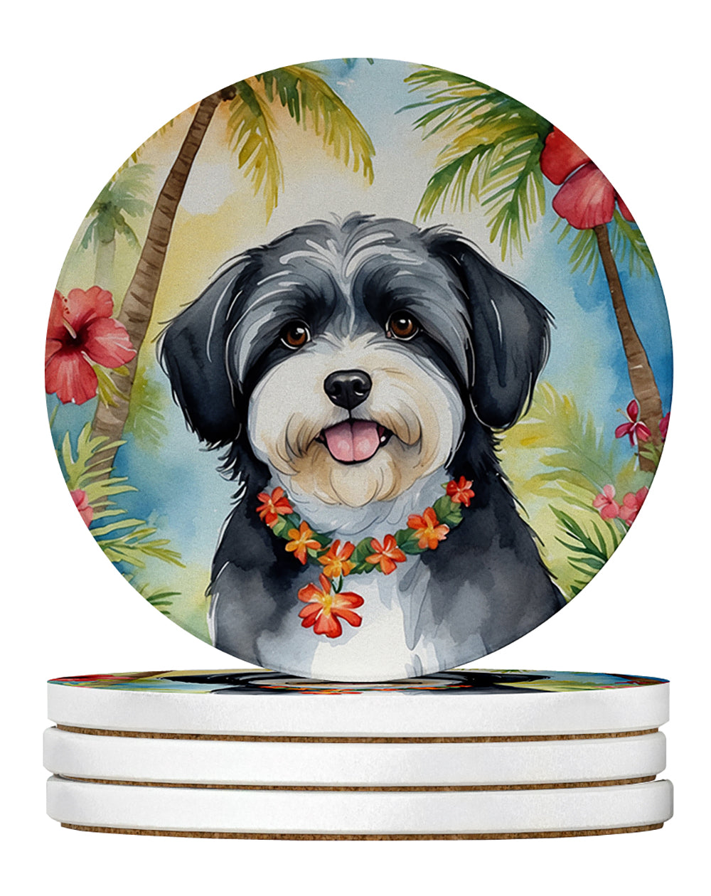 Havanese Luau Large Sandstone Coasters Pack of 4 Absorbent Round Coasters Decor Gifts for Men or Women, 4 in, Multicolor