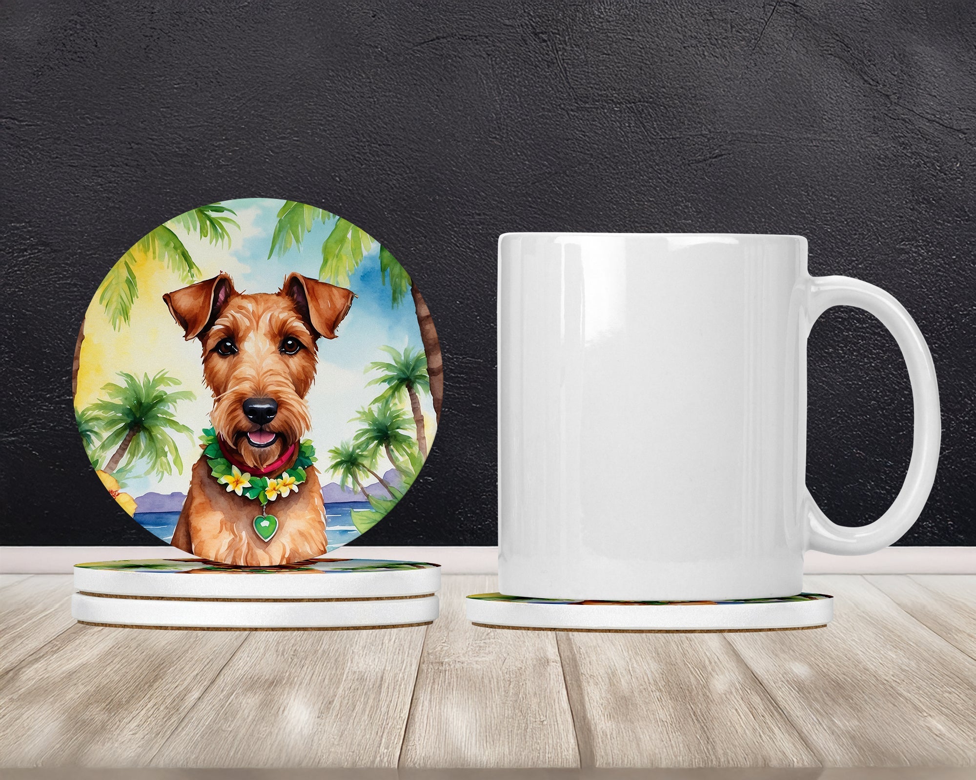 Irish Terrier Luau Large Sandstone Coasters Pack of 4 Absorbent Round Coasters Decor Gifts for Men or Women, 4 in, Multicolor