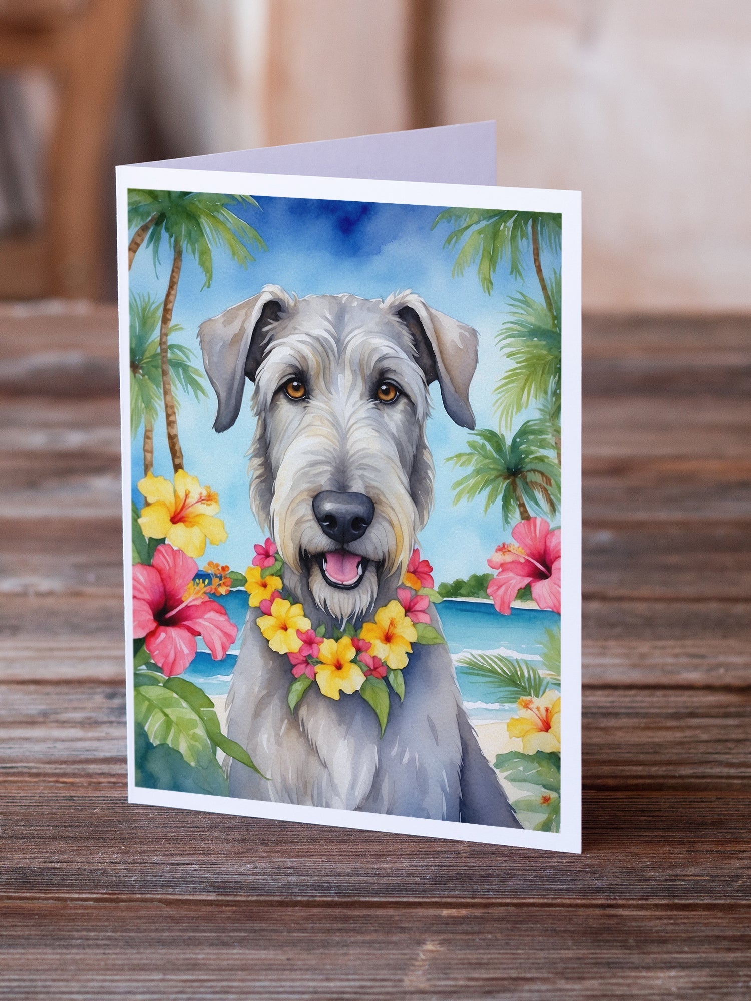 Irish Wolfhound Luau Greeting Cards Pack of 8 Blank Cards with Envelopes Whimsical A7 Size 5x7