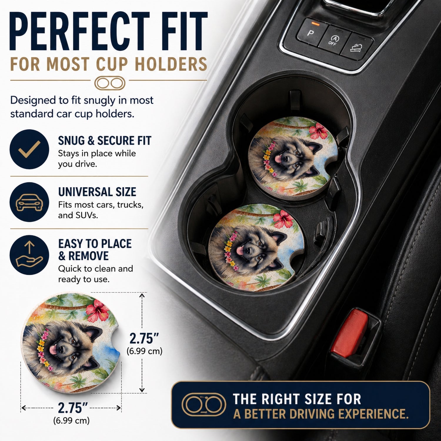 Keeshond Luau Set of 2 Cup Holder Car Coasters Absorbent Round Sandstone Coasters Gifts for Men or Women, 2.5, Multicolor