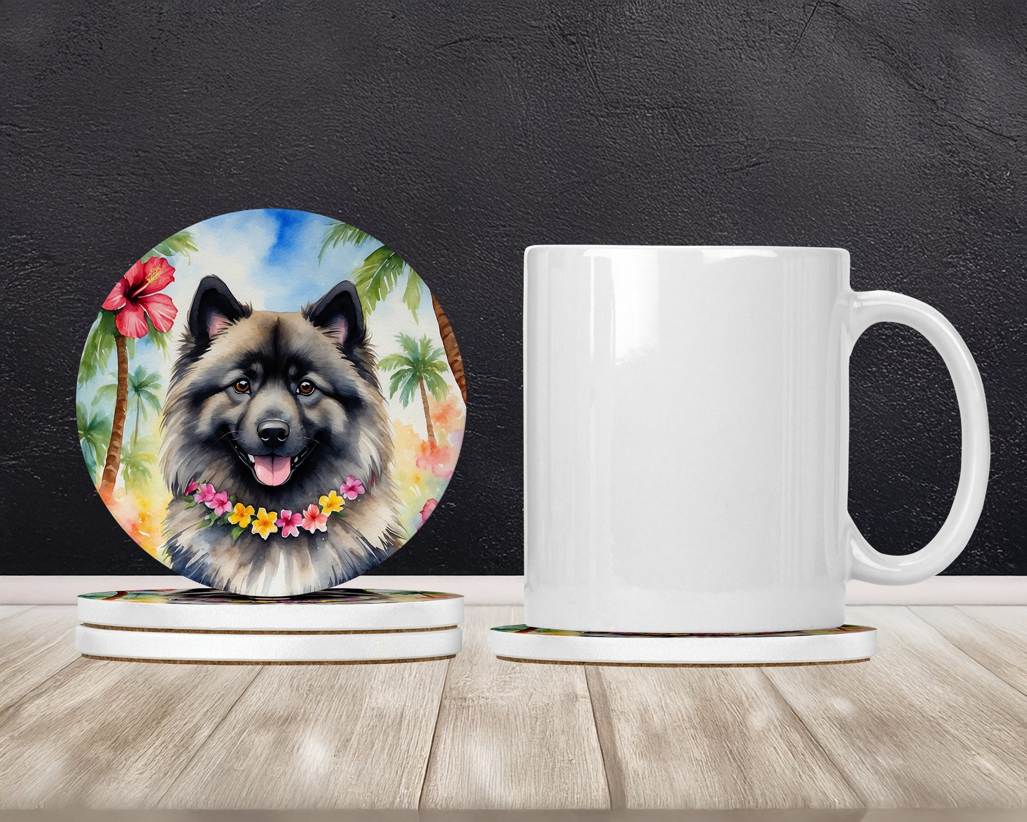 Keeshond Luau Large Sandstone Coasters Pack of 4 Absorbent Round Coasters Decor Gifts for Men or Women, 4 in, Multicolor