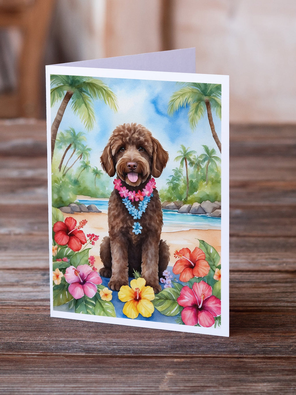 Labradoodle Luau Greeting Cards Pack of 8 Blank Cards with Envelopes Whimsical A7 Size 5x7