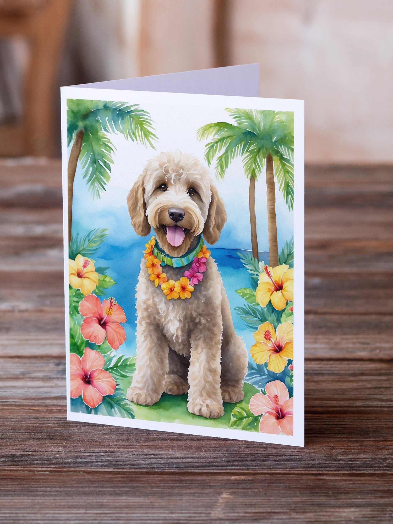Labradoodle Luau Greeting Cards Pack of 8 Blank Cards with Envelopes Whimsical A7 Size 5x7