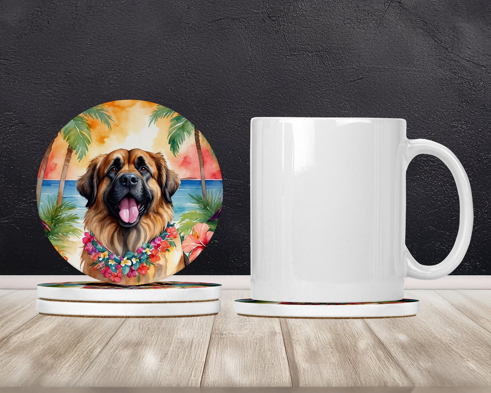 Leonberger Luau Large Sandstone Coasters Pack of 4 Absorbent Round Coasters Decor Gifts for Men or Women, 4 in, Multicolor