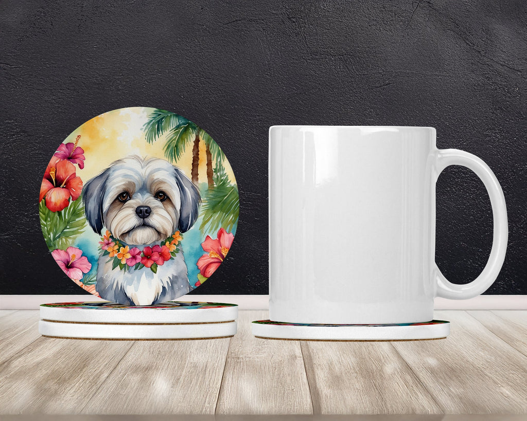 Lhasa Apso Luau Large Sandstone Coasters Pack of 4 Absorbent Round Coasters Decor Gifts for Men or Women, 4 in, Multicolor