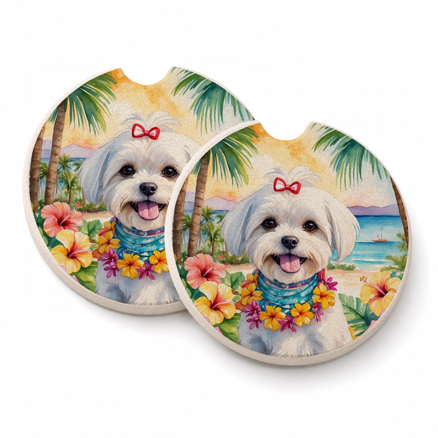 Maltese Luau Set of 2 Cup Holder Car Coasters Absorbent Round Sandstone Coasters Gifts for Men or Women, 2.5, Multicolor