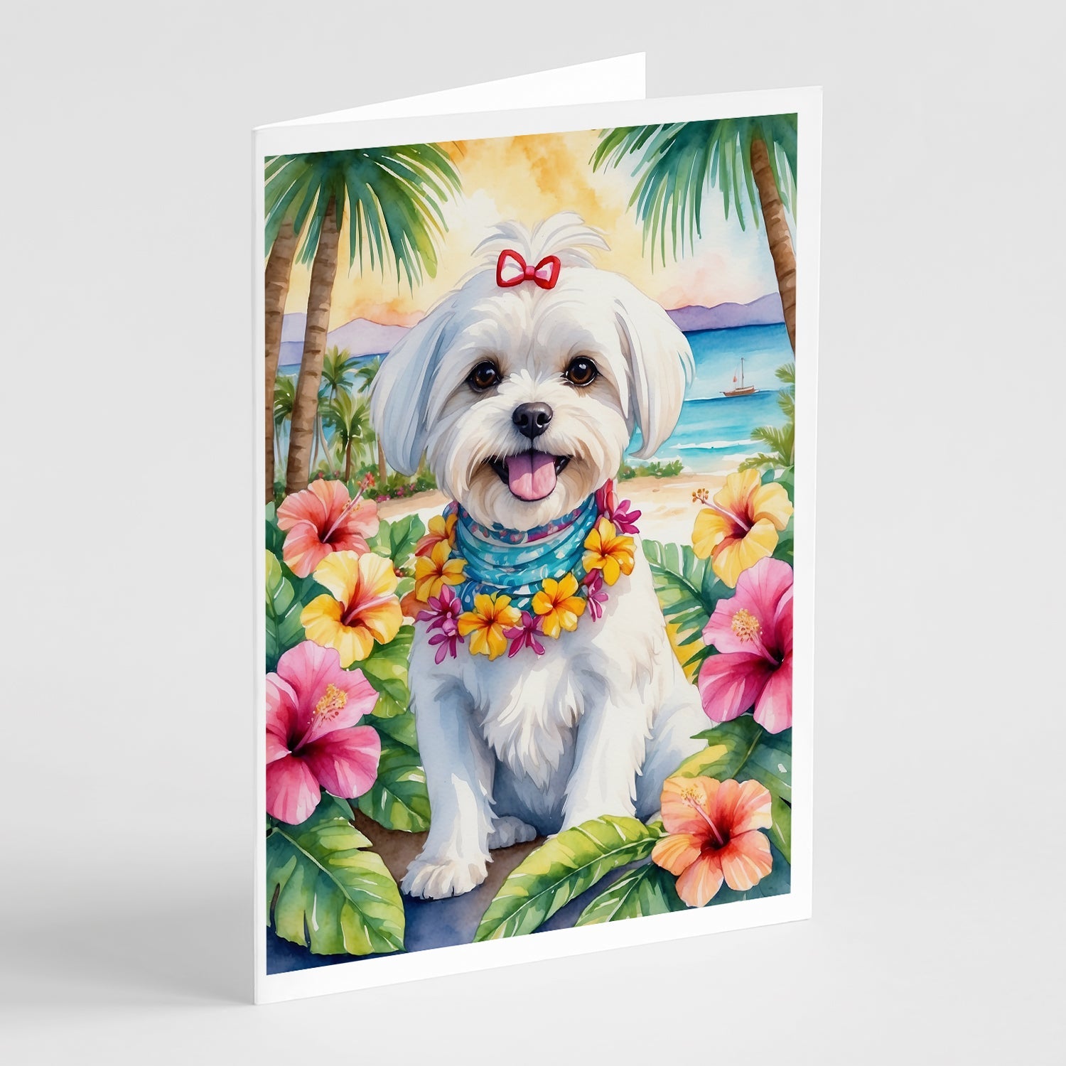 Maltese Luau Greeting Cards Pack of 8 Blank Cards with Envelopes Whimsical A7 Size 5x7