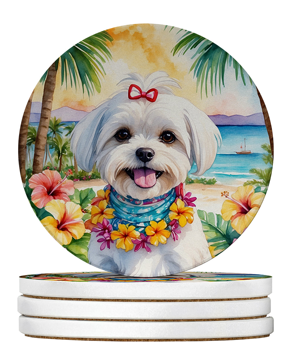 Maltese Luau Large Sandstone Coasters Pack of 4 Absorbent Round Coasters Decor Gifts for Men or Women, 4 in, Multicolor