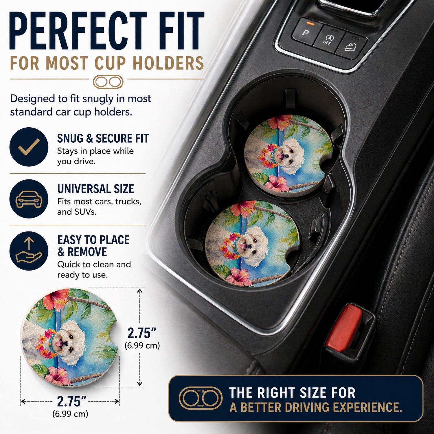 Maltese Luau Set of 2 Cup Holder Car Coasters Absorbent Round Sandstone Coasters Gifts for Men or Women, 2.5, Multicolor