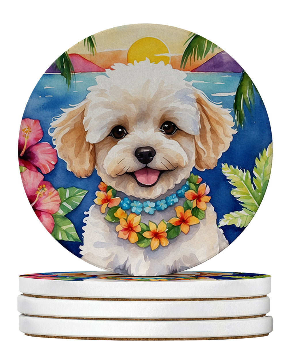 Maltipoo Luau Large Sandstone Coasters Pack of 4 Absorbent Round Coasters Decor Gifts for Men or Women, 4 in, Multicolor