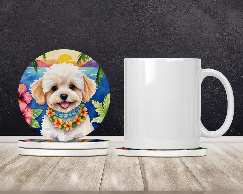 Maltipoo Luau Large Sandstone Coasters Pack of 4 Absorbent Round Coasters Decor Gifts for Men or Women, 4 in, Multicolor