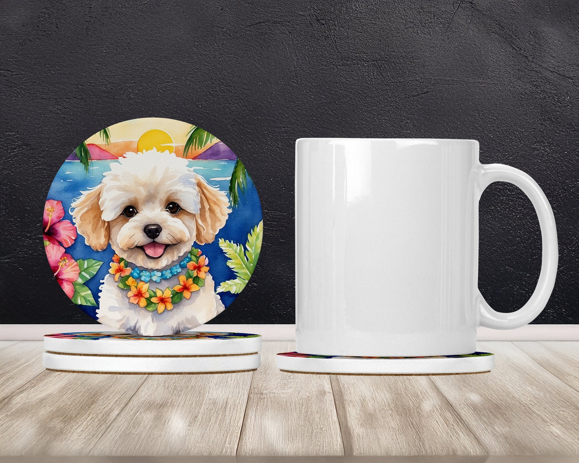 Maltipoo Luau Large Sandstone Coasters Pack of 4 Absorbent Round Coasters Decor Gifts for Men or Women, 4 in, Multicolor
