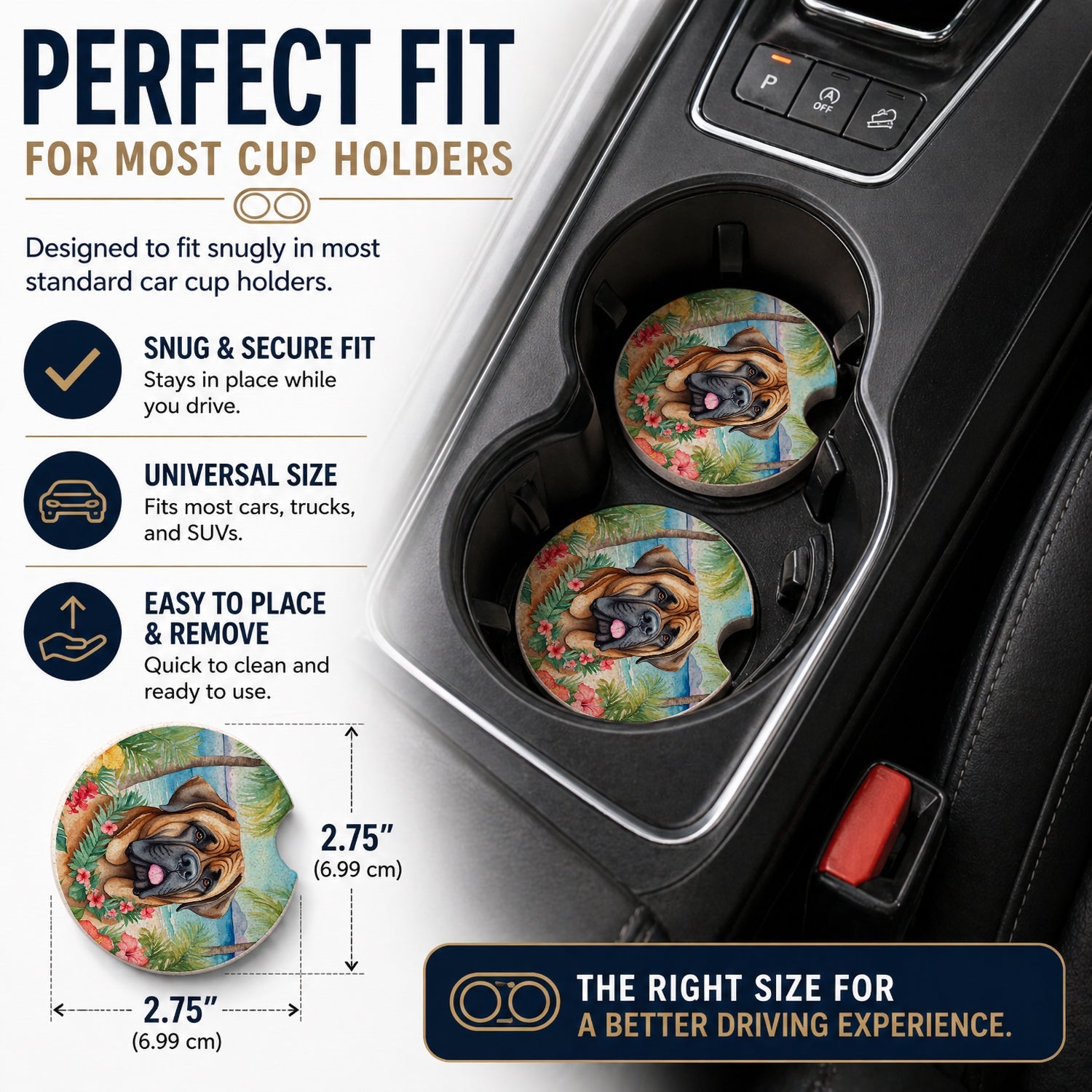Mastiff Luau Set of 2 Cup Holder Car Coasters Absorbent Round Sandstone Coasters Gifts for Men or Women, 2.5, Multicolor