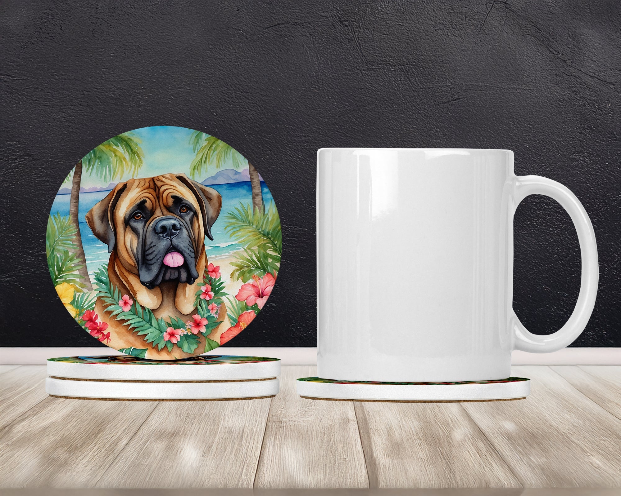 Mastiff Luau Large Sandstone Coasters Pack of 4 Absorbent Round Coasters Decor Gifts for Men or Women, 4 in, Multicolor
