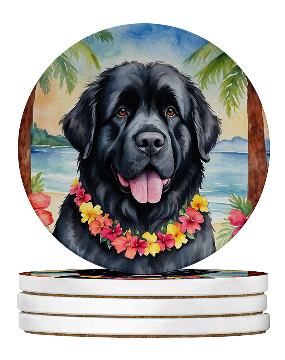 Newfoundland Luau Large Sandstone Coasters Pack of 4 Absorbent Round Coasters Decor Gifts for Men or Women, 4 in, Multicolor