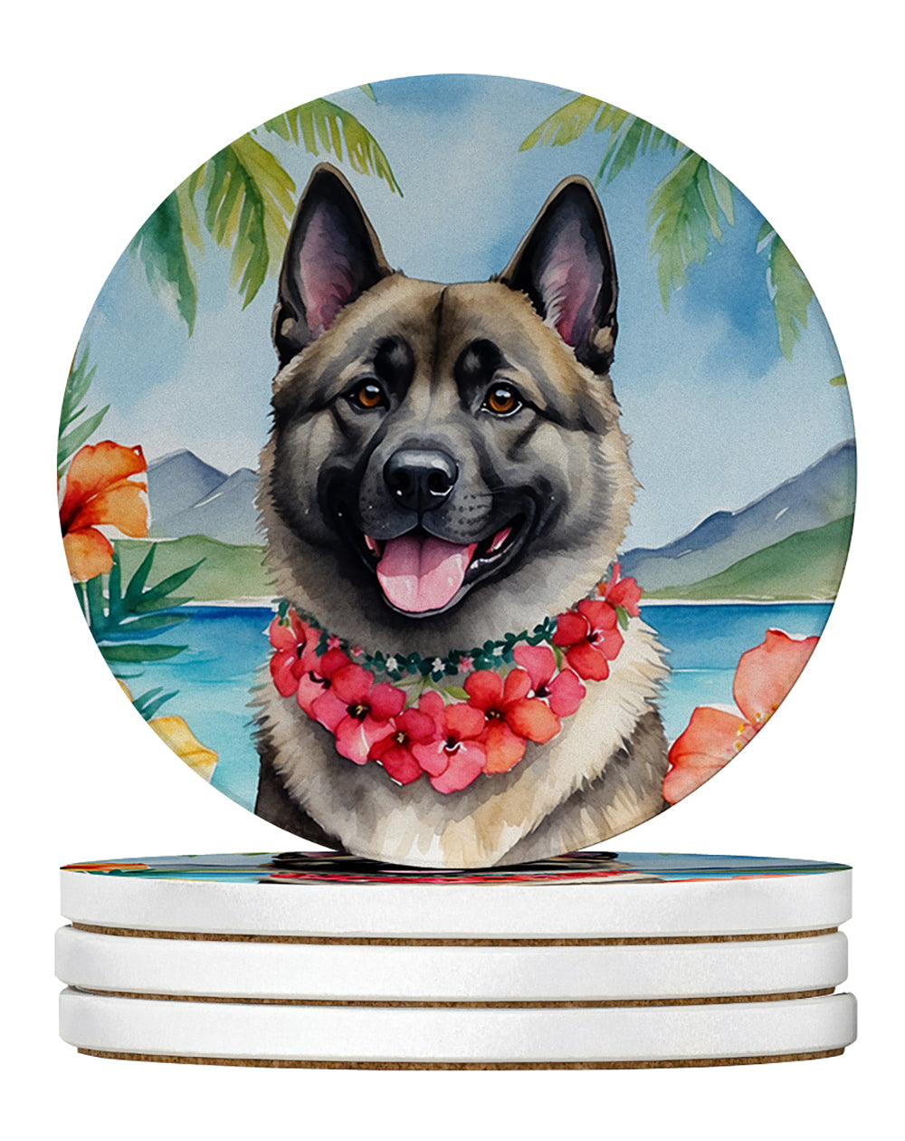 Norwegian Elkhound Luau Large Sandstone Coasters Pack of 4 Absorbent Round Coasters Decor Gifts for Men or Women, 4 in, Multicolor