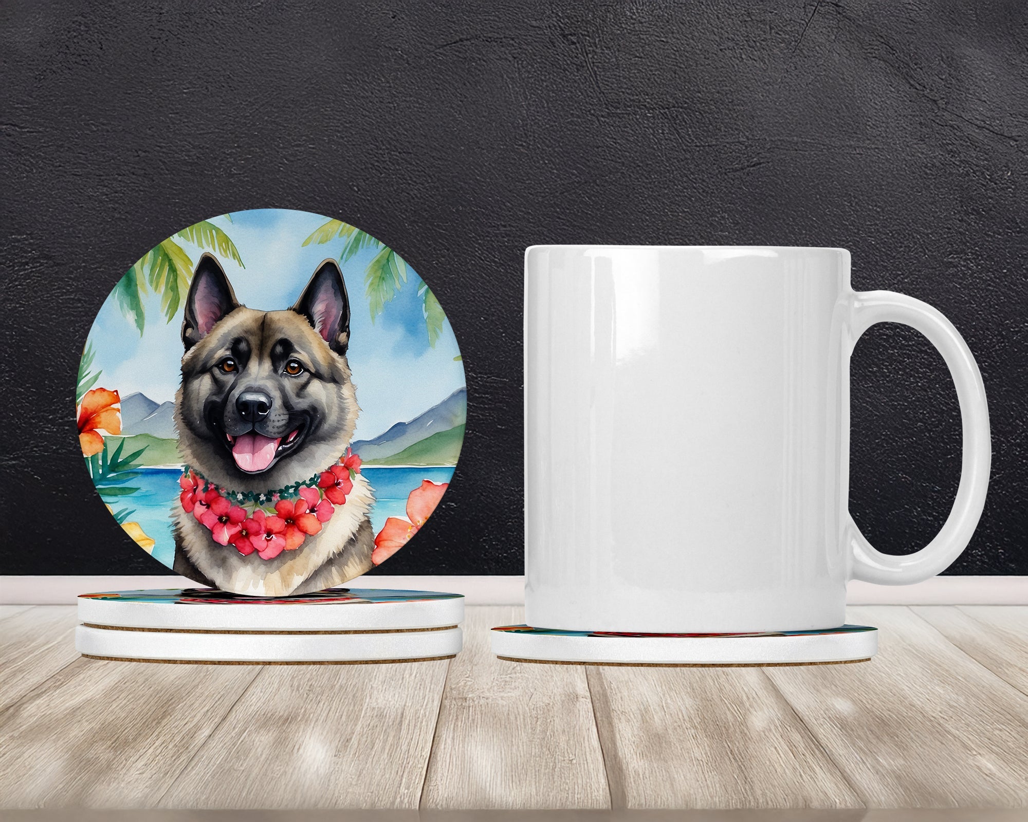 Norwegian Elkhound Luau Large Sandstone Coasters Pack of 4 Absorbent Round Coasters Decor Gifts for Men or Women, 4 in, Multicolor