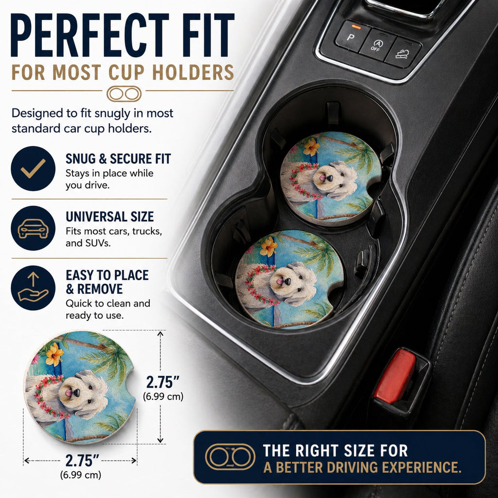 Old English Sheepdog Luau Set of 2 Cup Holder Car Coasters Absorbent Round Sandstone Coasters Gifts for Men or Women, 2.5, Multicolor