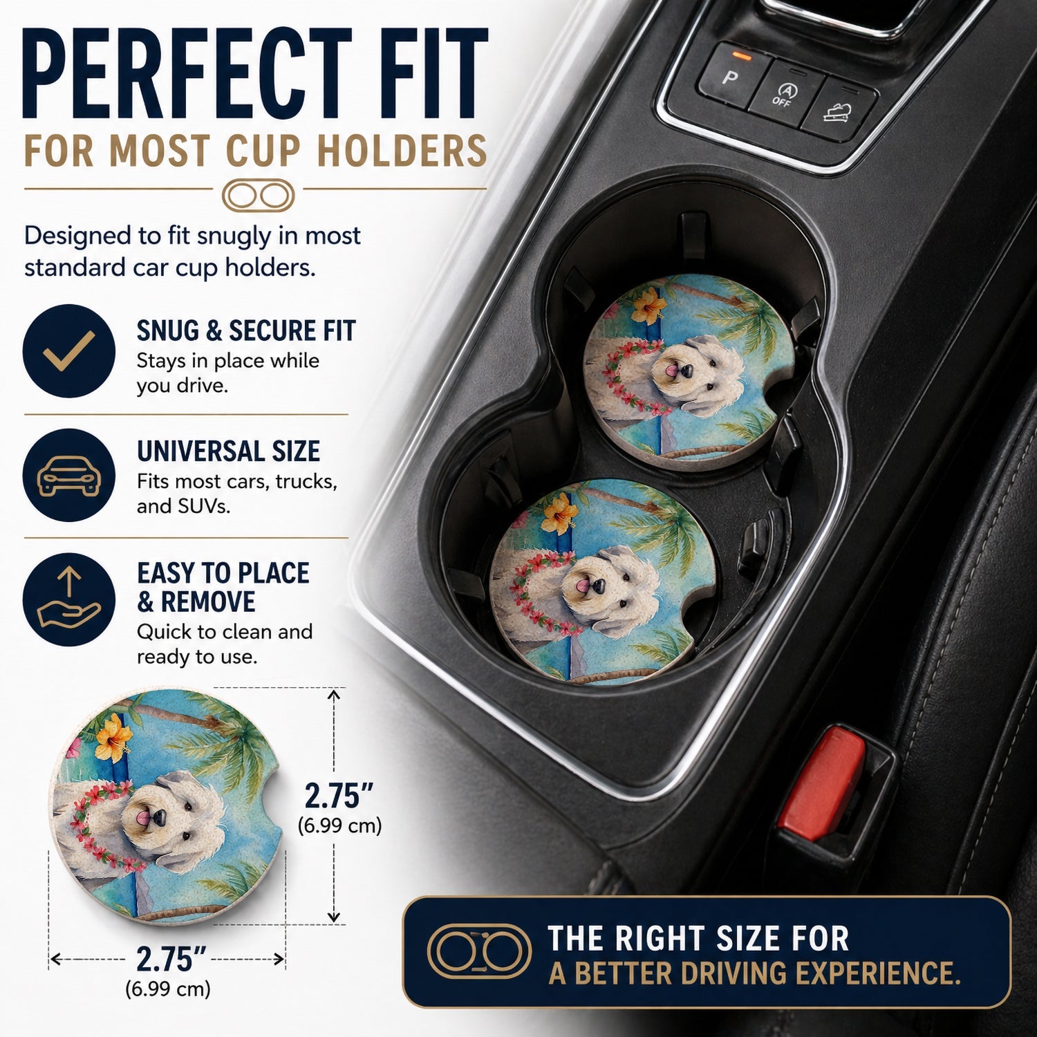 Old English Sheepdog Luau Set of 2 Cup Holder Car Coasters Absorbent Round Sandstone Coasters Gifts for Men or Women, 2.5, Multicolor