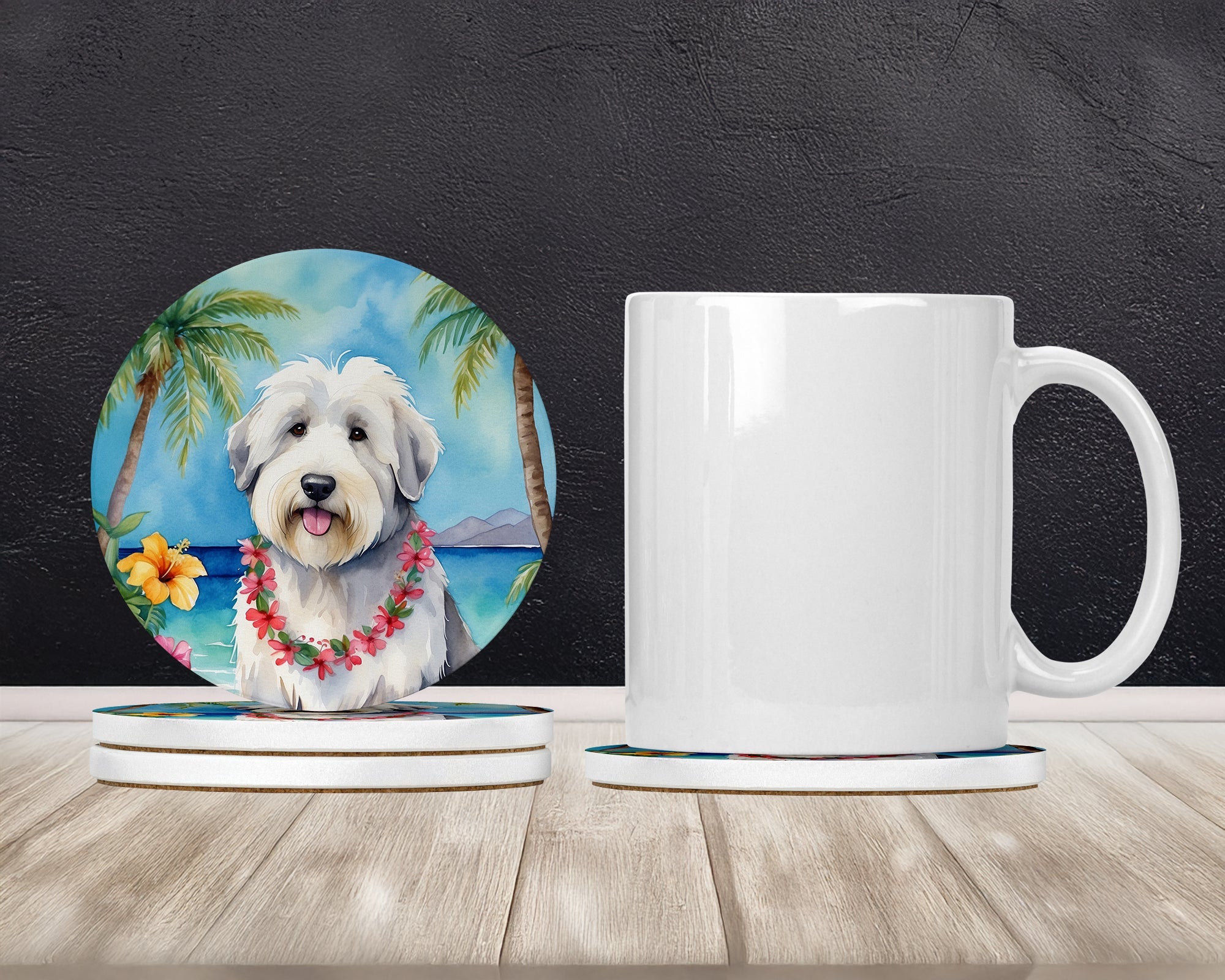 Old English Sheepdog Luau Large Sandstone Coasters Pack of 4 Absorbent Round Coasters Decor Gifts for Men or Women, 4 in, Multicolor