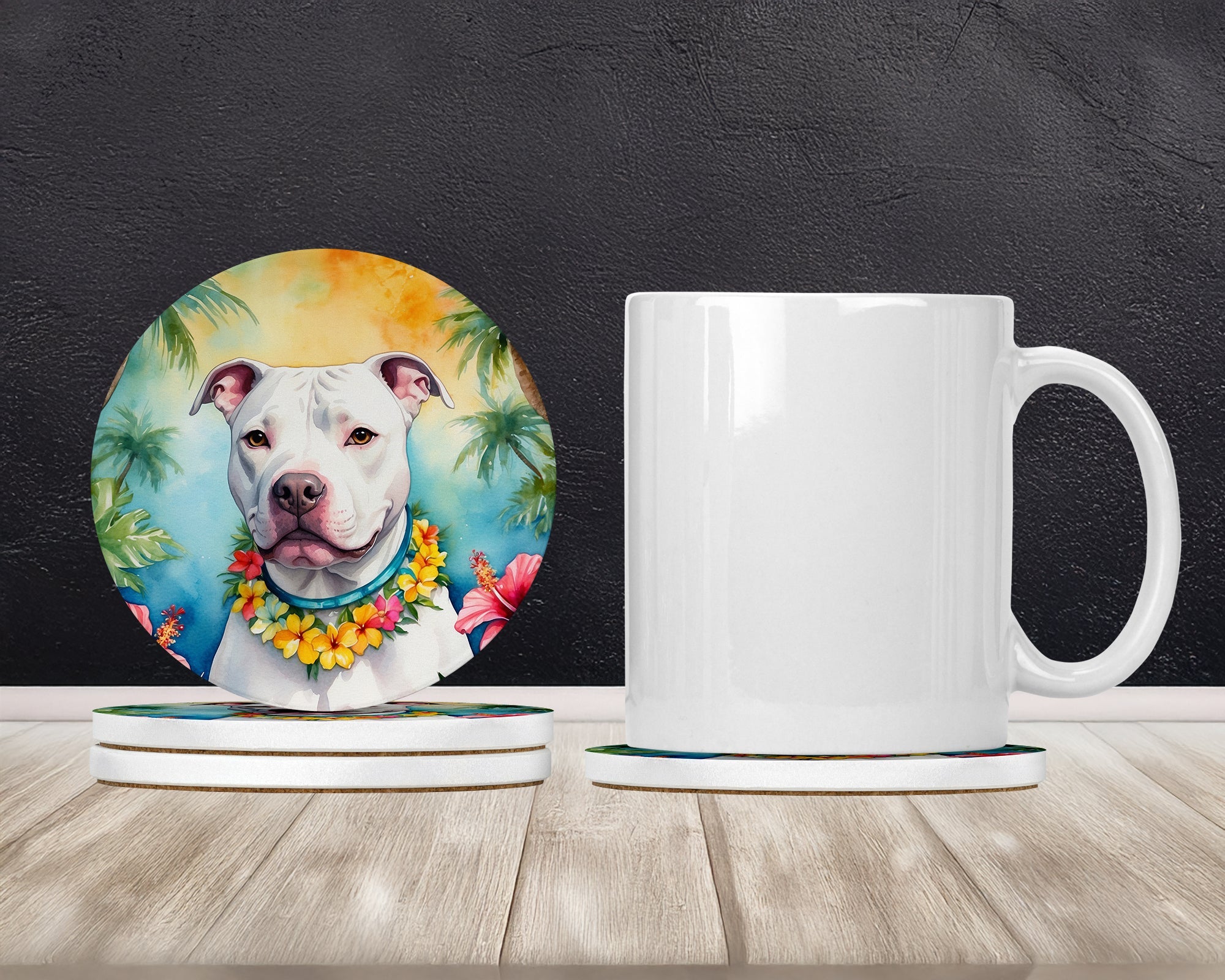 Pit Bull Terrier Luau Large Sandstone Coasters Pack of 4 Absorbent Round Coasters Decor Gifts for Men or Women, 4 in, Multicolor