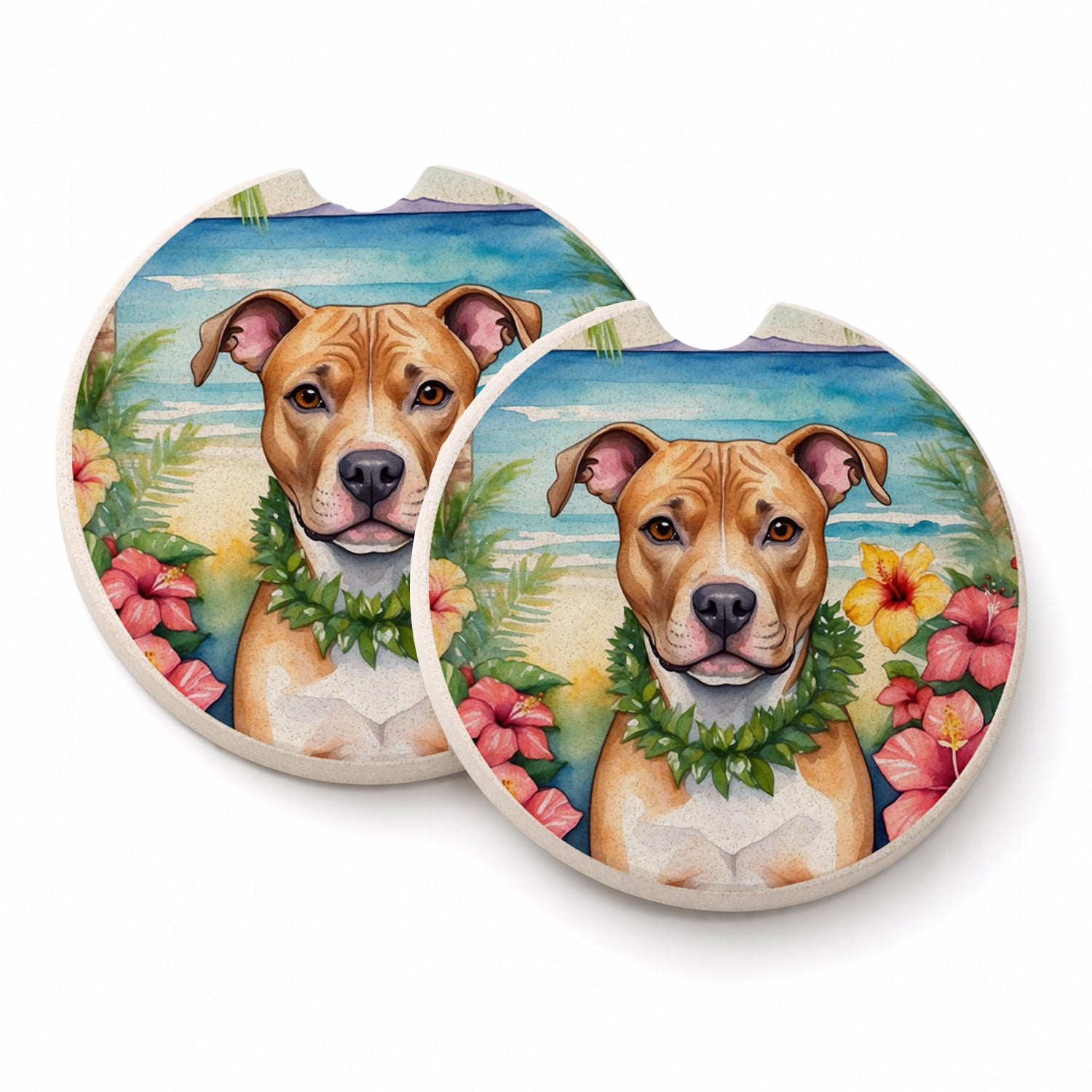 Pit Bull Terrier Luau Set of 2 Cup Holder Car Coasters Absorbent Round Sandstone Coasters Gifts for Men or Women, 2.5, Multicolor