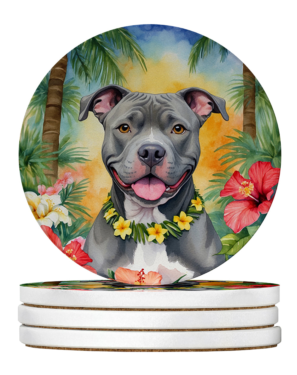 Pit Bull Terrier Luau Large Sandstone Coasters Pack of 4 Absorbent Round Coasters Decor Gifts for Men or Women, 4 in, Multicolor