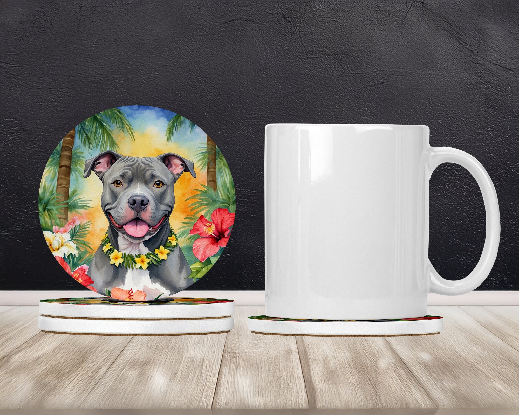 Pit Bull Terrier Luau Large Sandstone Coasters Pack of 4 Absorbent Round Coasters Decor Gifts for Men or Women, 4 in, Multicolor