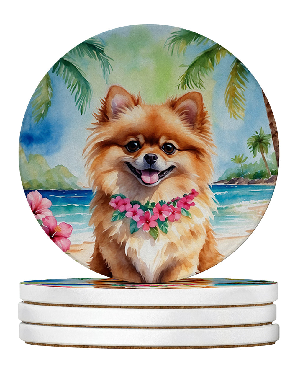 Pomeranian Luau Large Sandstone Coasters Pack of 4 Absorbent Round Coasters Decor Gifts for Men or Women, 4 in, Multicolor