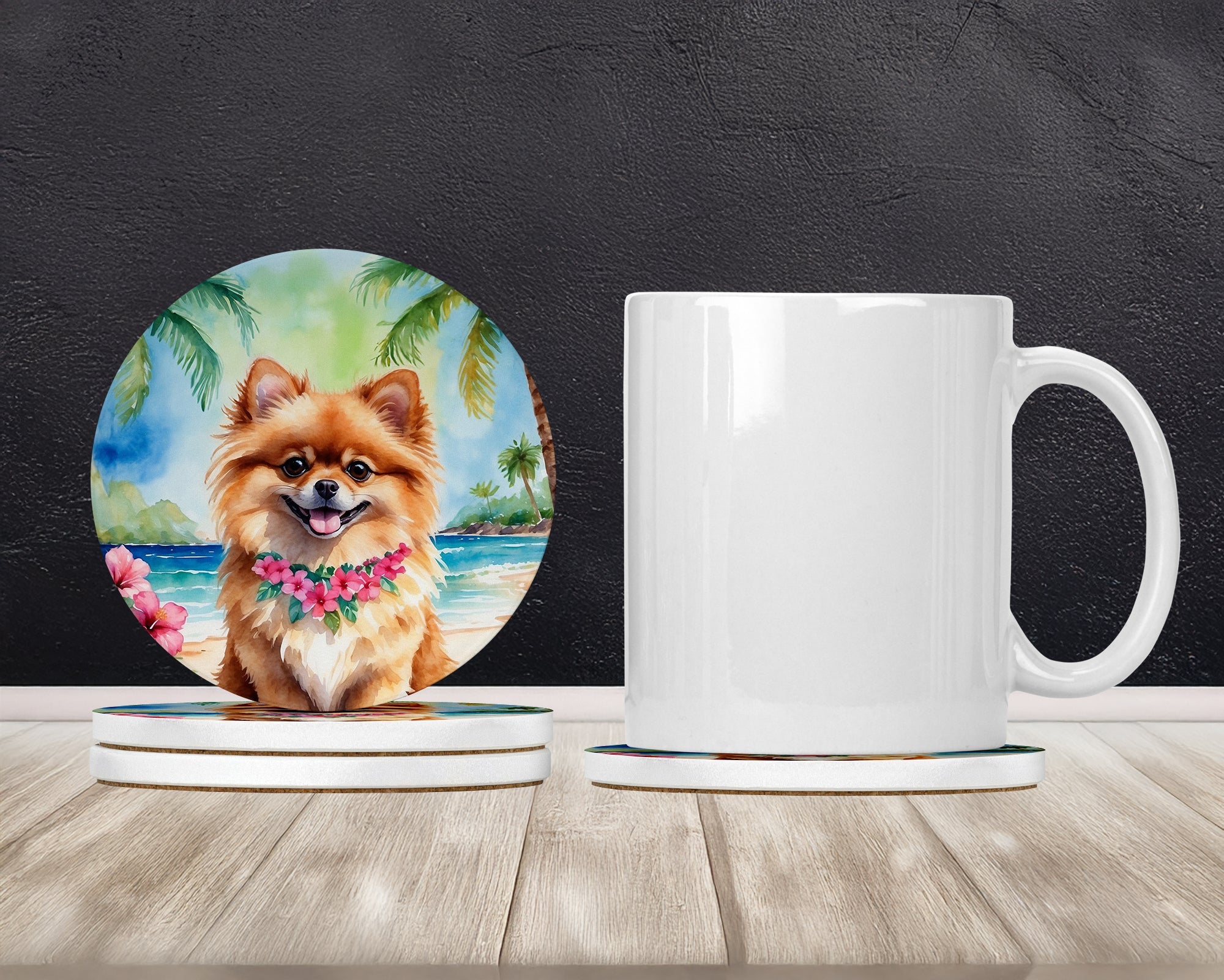 Pomeranian Luau Large Sandstone Coasters Pack of 4 Absorbent Round Coasters Decor Gifts for Men or Women, 4 in, Multicolor