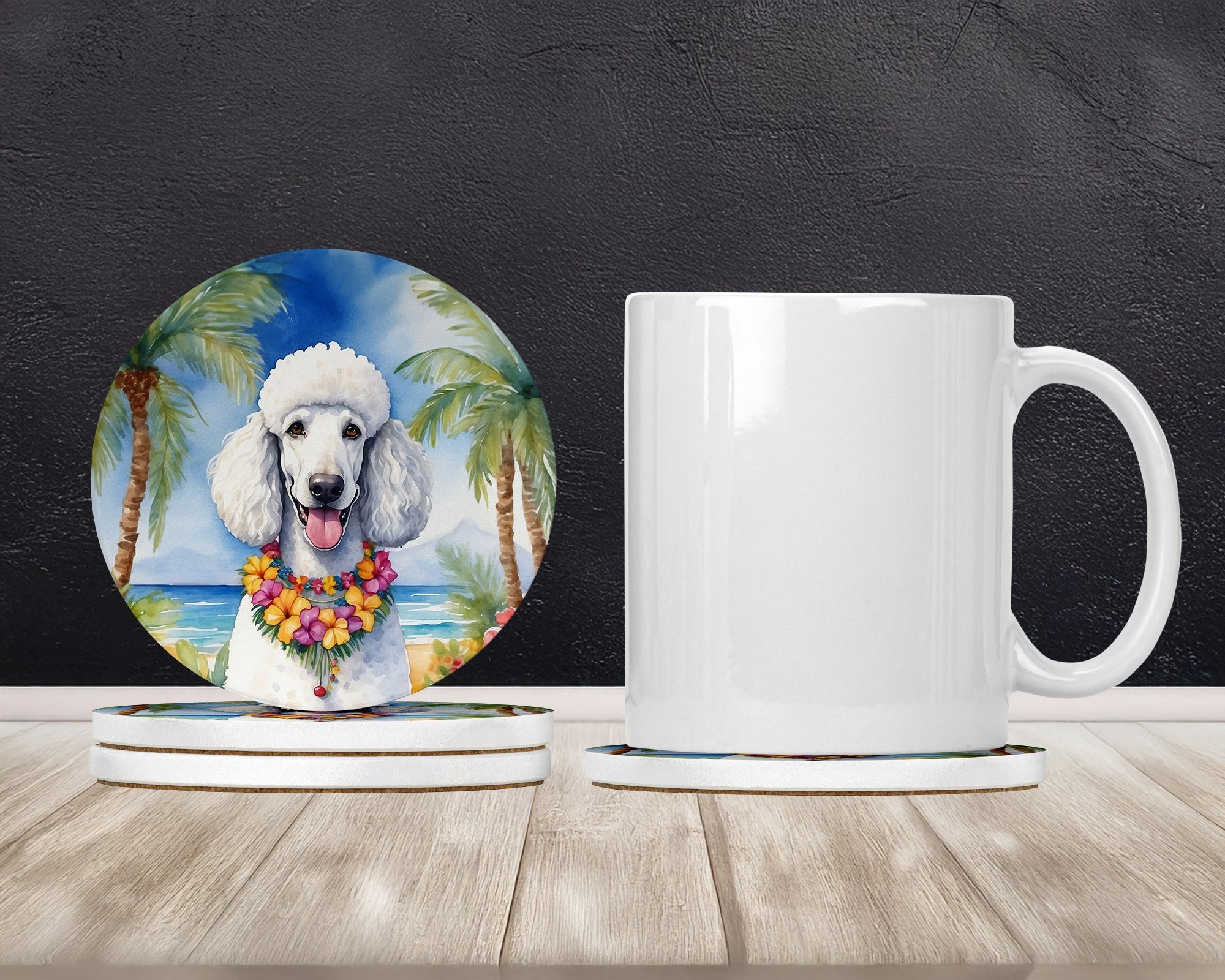 White Poodle Luau Large Sandstone Coasters Pack of 4 Absorbent Round Coasters Decor Gifts for Men or Women, 4 in, Multicolor