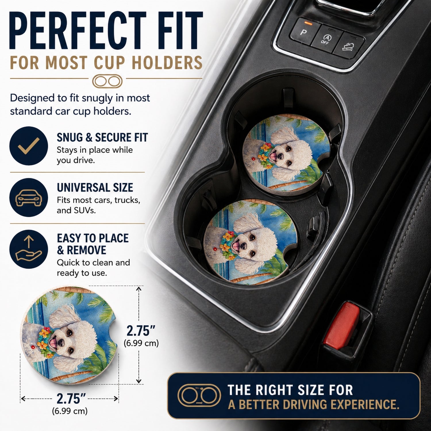 White Poodle Luau Set of 2 Cup Holder Car Coasters Absorbent Round Sandstone Coasters Gifts for Men or Women, 2.5, Multicolor