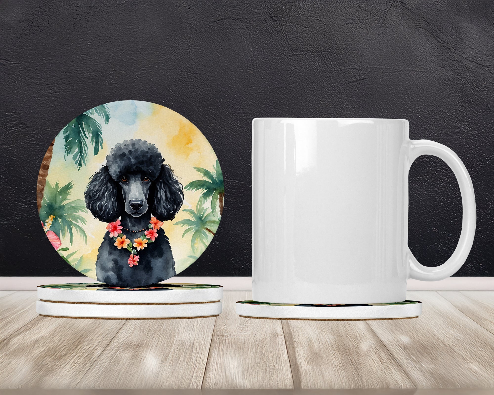 Black Poodle Luau Large Sandstone Coasters Pack of 4 Absorbent Round Coasters Decor Gifts for Men or Women, 4 in, Multicolor