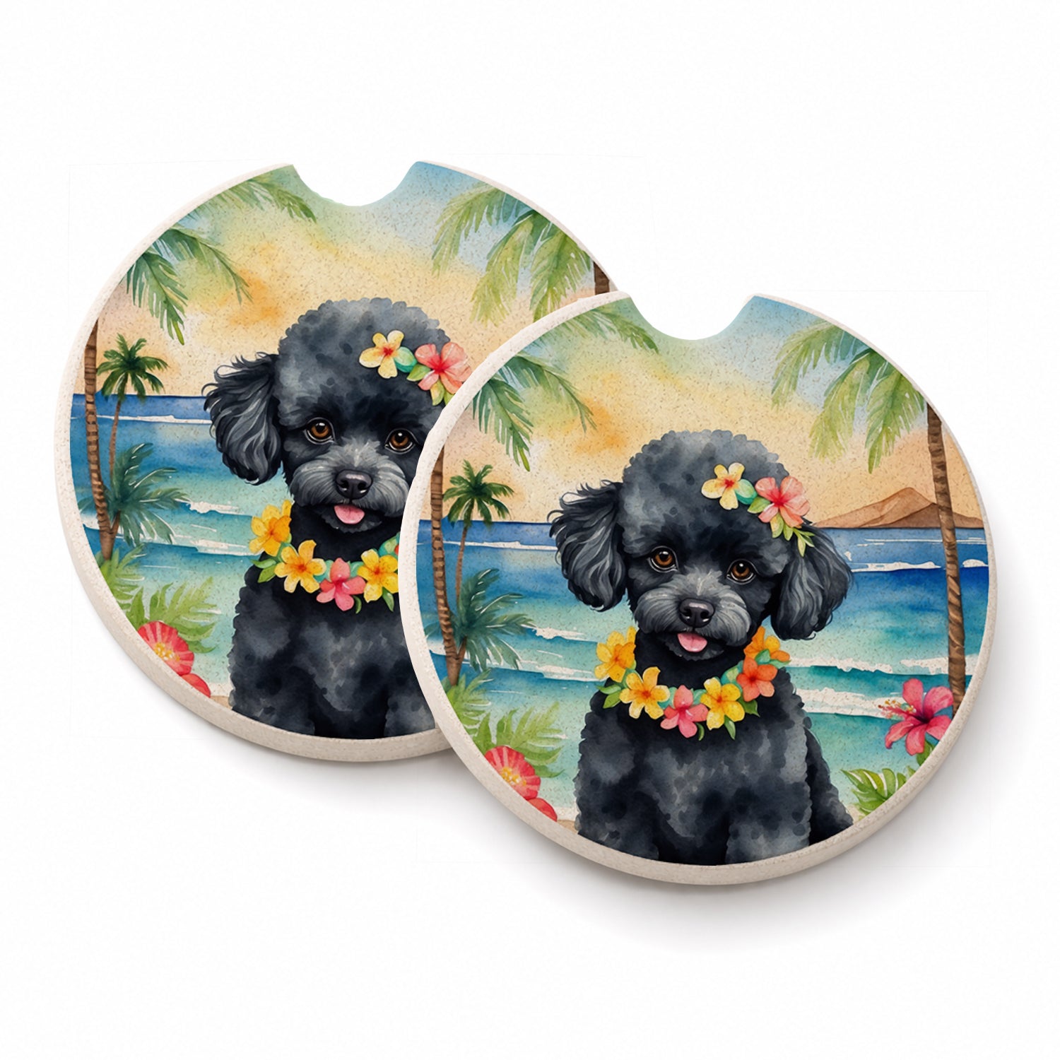 Black Poodle Luau Set of 2 Cup Holder Car Coasters Absorbent Round Sandstone Coasters Gifts for Men or Women, 2.5, Multicolor