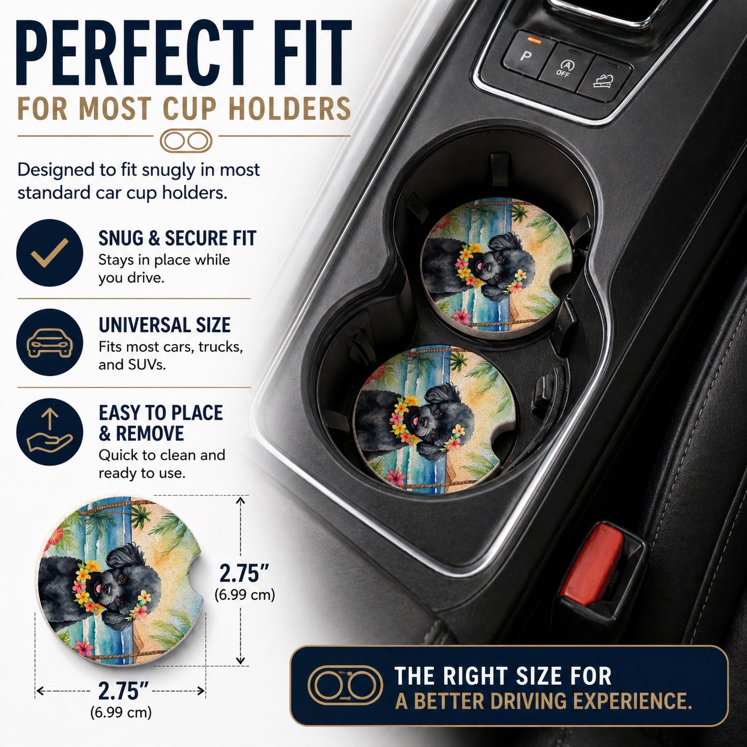 Black Poodle Luau Set of 2 Cup Holder Car Coasters Absorbent Round Sandstone Coasters Gifts for Men or Women, 2.5, Multicolor
