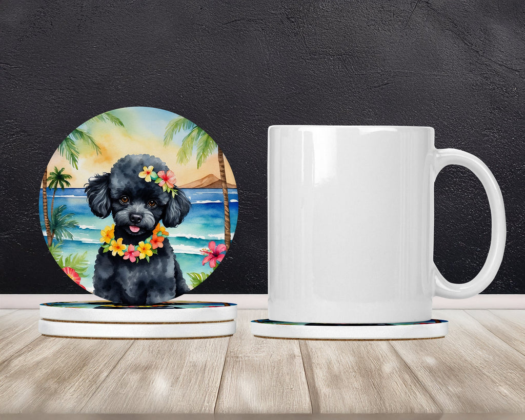 Black Poodle Luau Large Sandstone Coasters Pack of 4 Absorbent Round Coasters Decor Gifts for Men or Women, 4 in, Multicolor