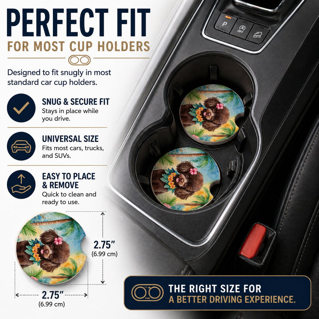 Chocolate Poodle Luau Set of 2 Cup Holder Car Coasters Absorbent Round Sandstone Coasters Gifts for Men or Women, 2.5, Multicolor