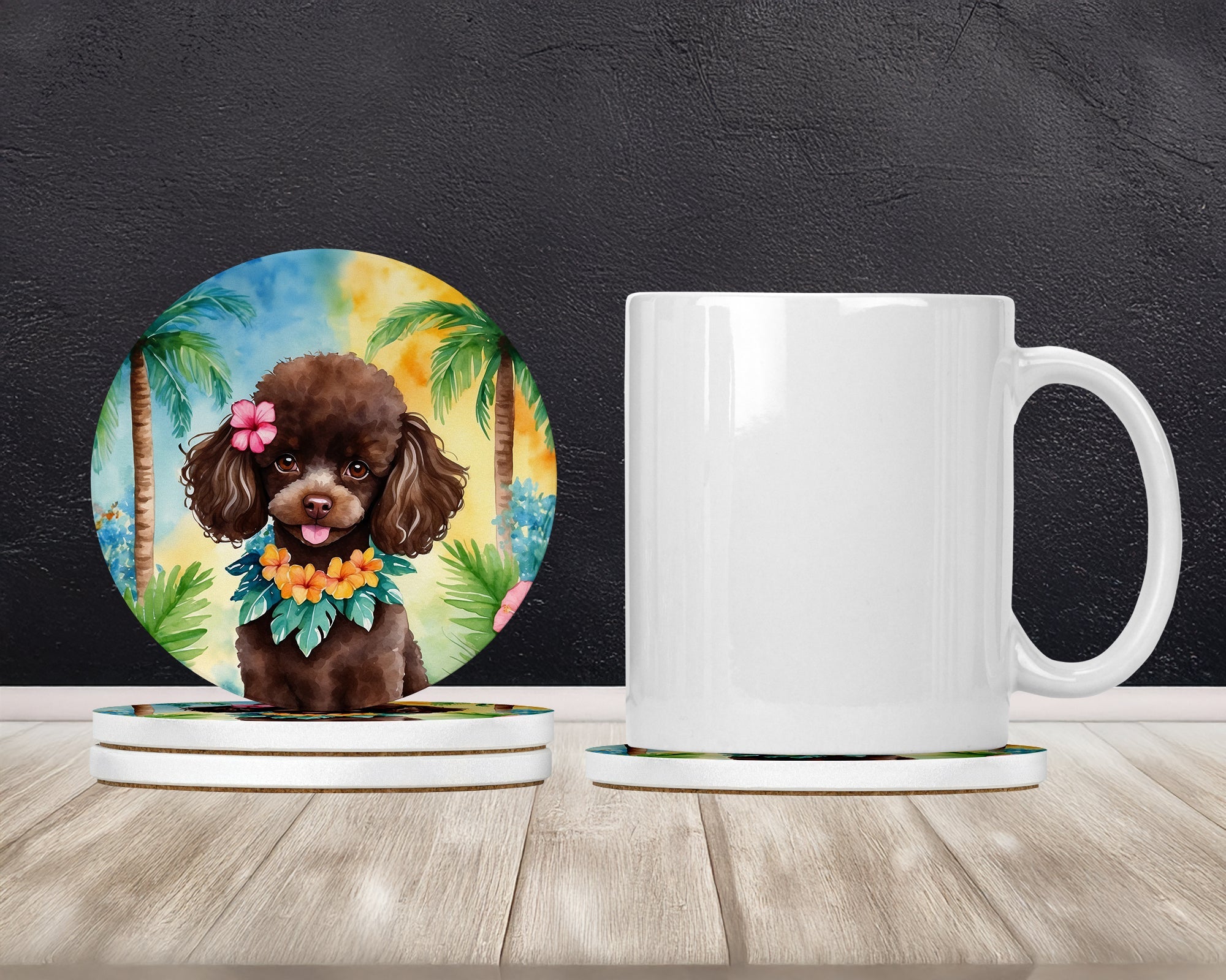 Chocolate Poodle Luau Large Sandstone Coasters Pack of 4 Absorbent Round Coasters Decor Gifts for Men or Women, 4 in, Multicolor