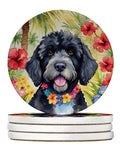 Portuguese Water Dog Luau Large Sandstone Coasters Pack of 4 Absorbent Round Coasters Decor Gifts for Men or Women, 4 in, Multicolor