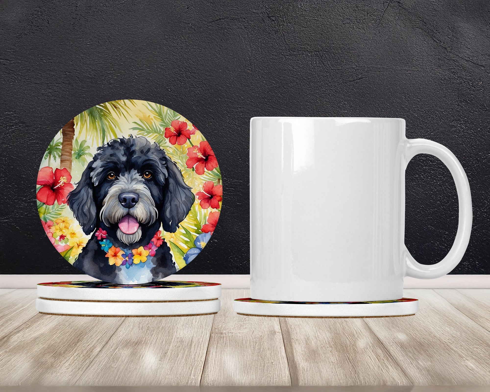 Portuguese Water Dog Luau Large Sandstone Coasters Pack of 4 Absorbent Round Coasters Decor Gifts for Men or Women, 4 in, Multicolor