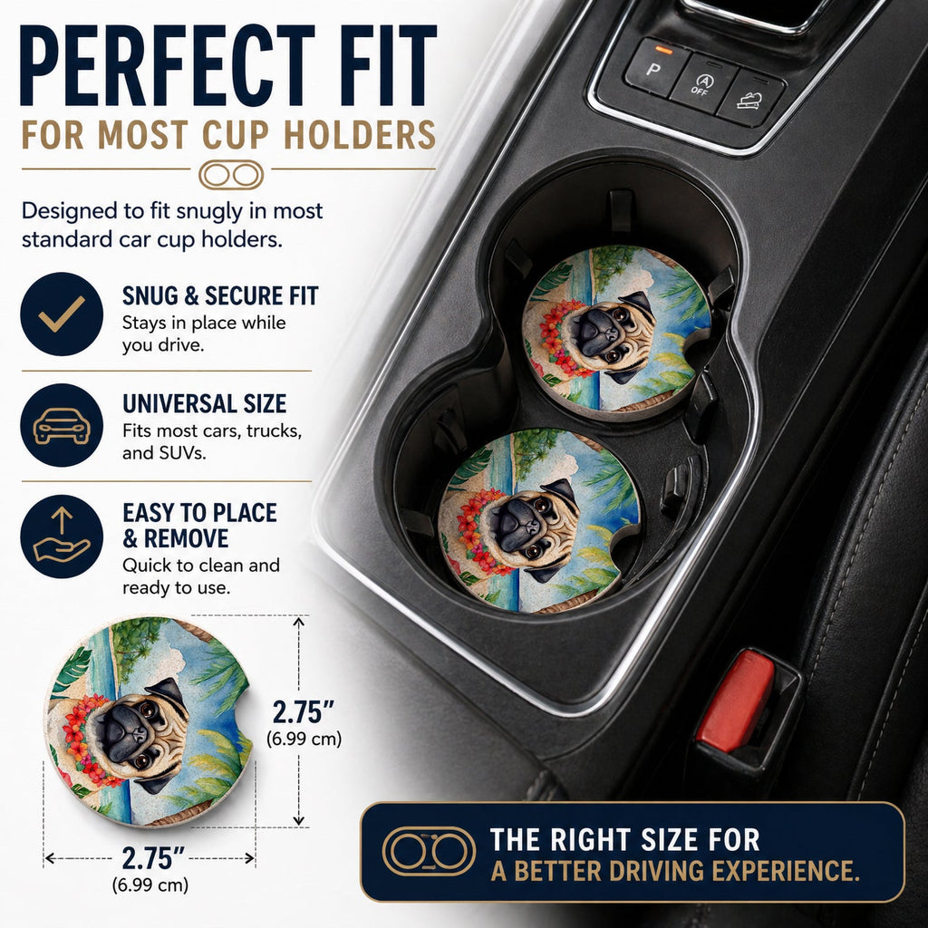 Pug Luau Set of 2 Cup Holder Car Coasters Absorbent Round Sandstone Coasters Gifts for Men or Women, 2.5, Multicolor