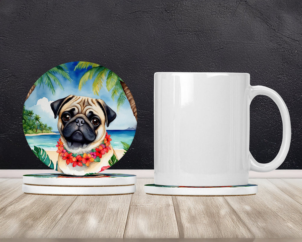 Pug Luau Large Sandstone Coasters Pack of 4 Absorbent Round Coasters Decor Gifts for Men or Women, 4 in, Multicolor