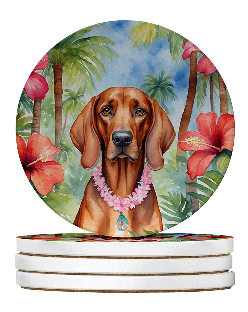 Redbone Coonhound Luau Large Sandstone Coasters Pack of 4 Absorbent Round Coasters Decor Gifts for Men or Women, 4 in, Multicolor