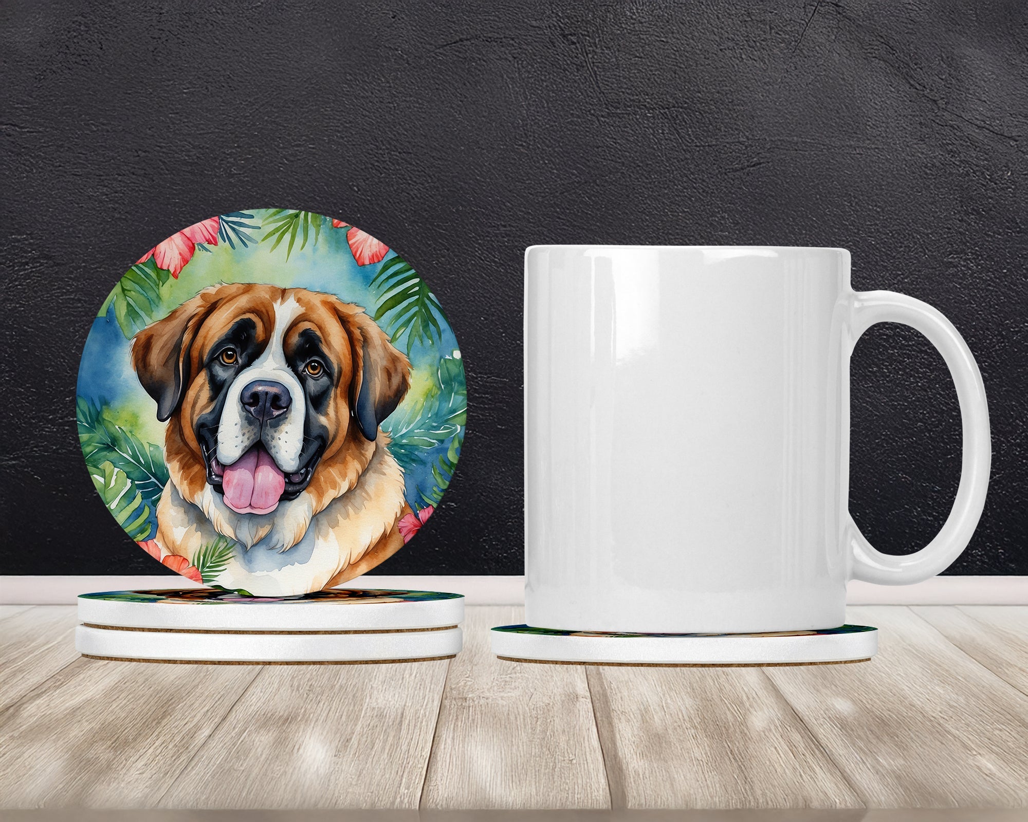 Saint Bernard Luau Large Sandstone Coasters Pack of 4 Absorbent Round Coasters Decor Gifts for Men or Women, 4 in, Multicolor